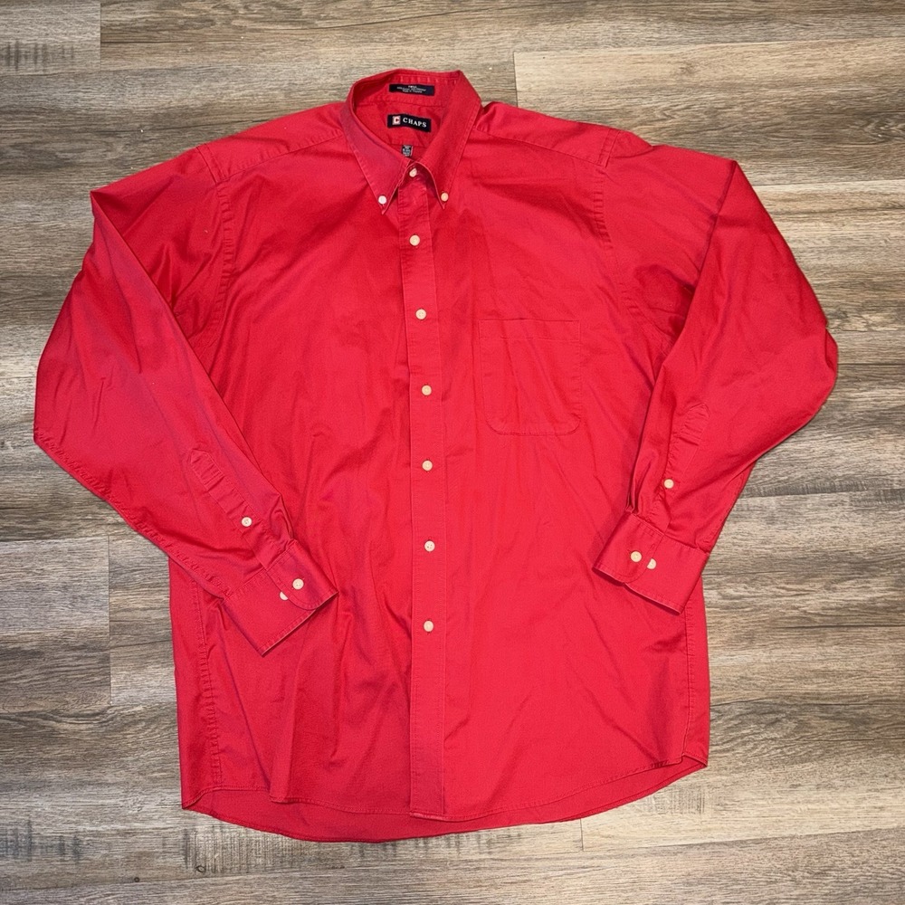 Vintage Chaps Red Twill Button-Down Dress Shirt Wrinkle Resistant 16-16.5 34/35